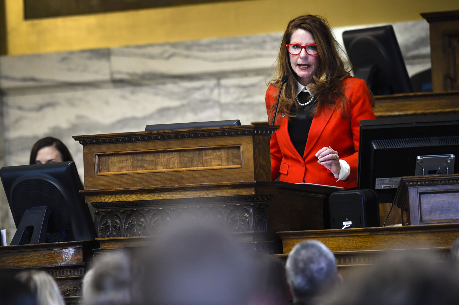 Superintendent of Public Instruction Elsie Arntzen addresses the house